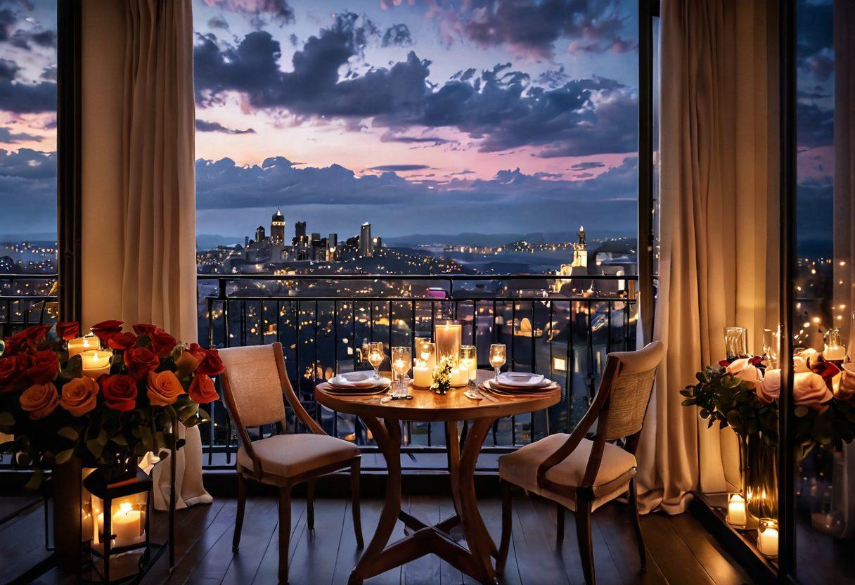 A cozy, candle-lit dinner setting on a balcony overlooking a starlit city! Incorporate a beautifully set table with roses and soft fairy lights, while a couple gazes into each other's eyes with warmth and tenderness. Add subtle heart shapes in the background clouds to evoke love, passion, and intimacy. dreamy, soft focus. vibrant colors. 3D.