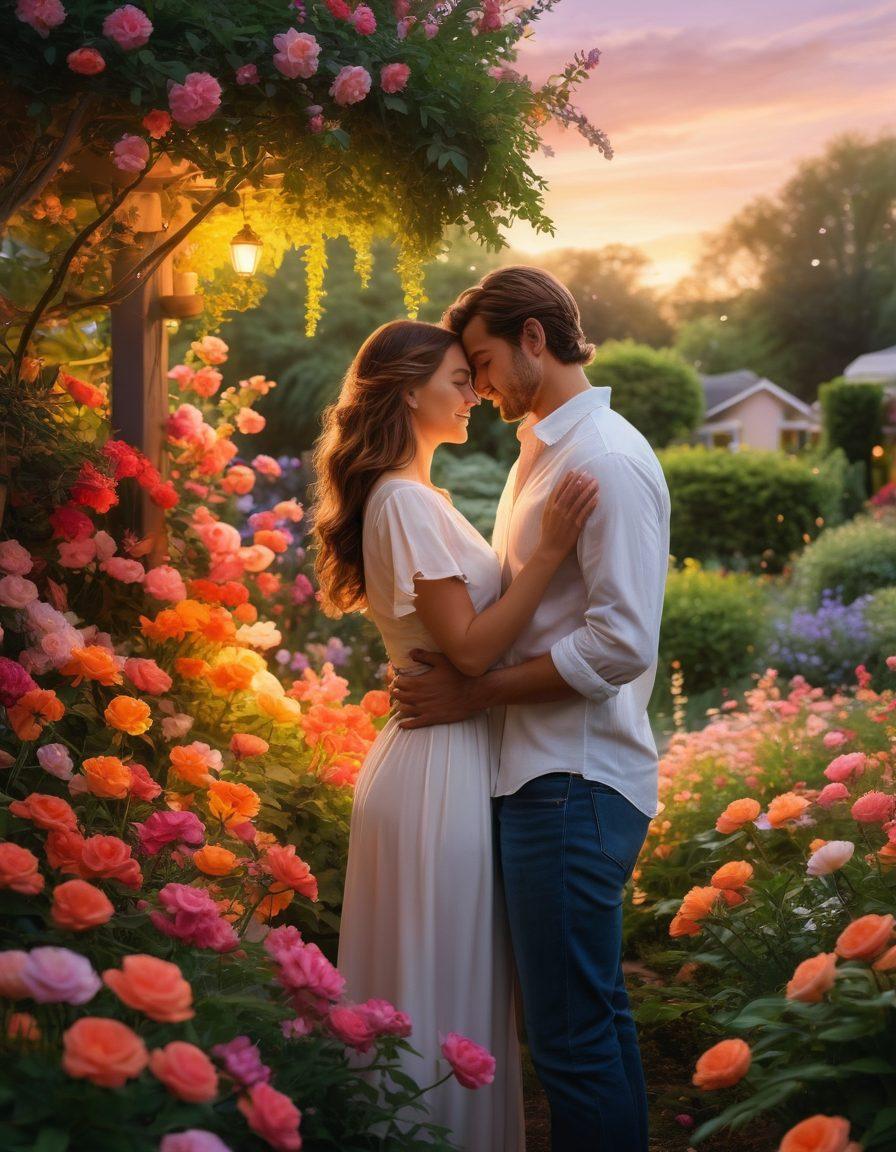A couple embracing in a lush garden filled with blooming flowers, capturing the essence of deep love and romantic gestures. Soft glowing lights twinkle around them, emphasizing their heartfelt connection. In the background, a serene sunset casts a warm glow, symbolizing nurturing relationships. Use vibrant colors to evoke emotions of passion and tenderness. super-realistic. vibrant colors. romantic atmosphere.
