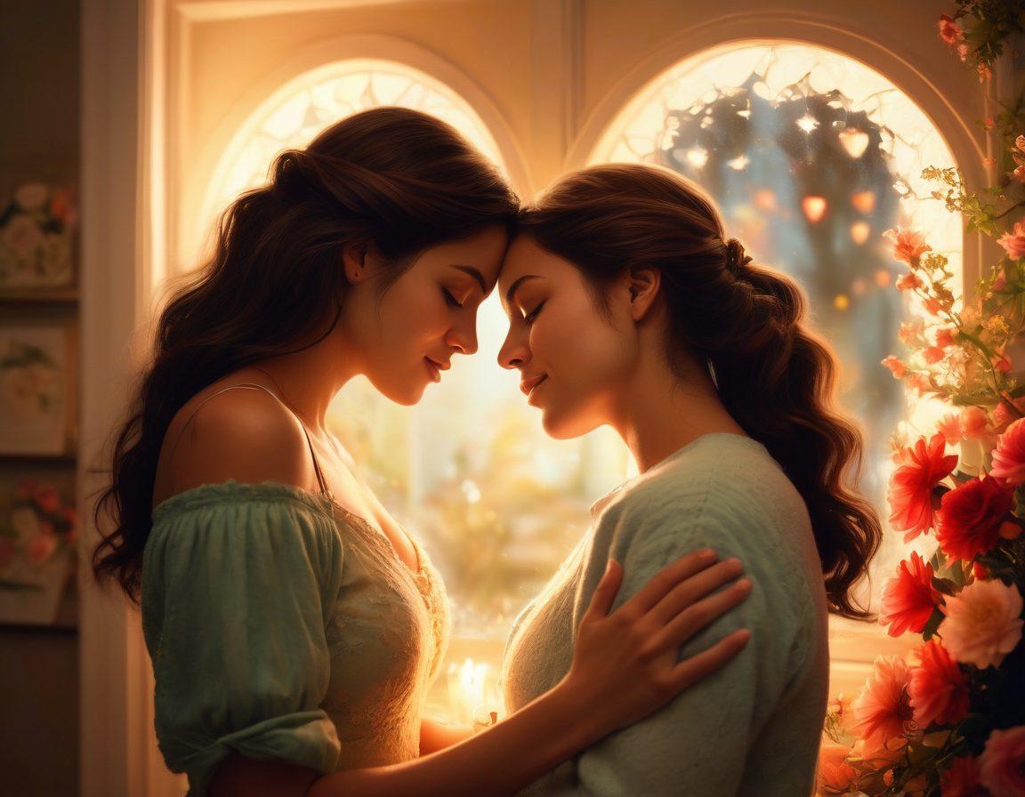 A warm, intimate scene featuring a couple sharing a tender moment, surrounded by soft, glowing candlelight in a cozy room filled with blooming flowers. The couple, in a passionate embrace, gaze lovingly into each other's eyes, radiating joy and connection. A heart-shaped motif subtly arranged in the background enhances the theme of love and adoration. painterly style. warm colors. soft focus.